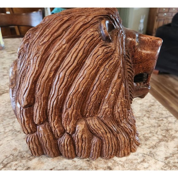 Hand Carved Wood Vintage Lion Head 8.75 T x 11" W - Picture 2 of 5